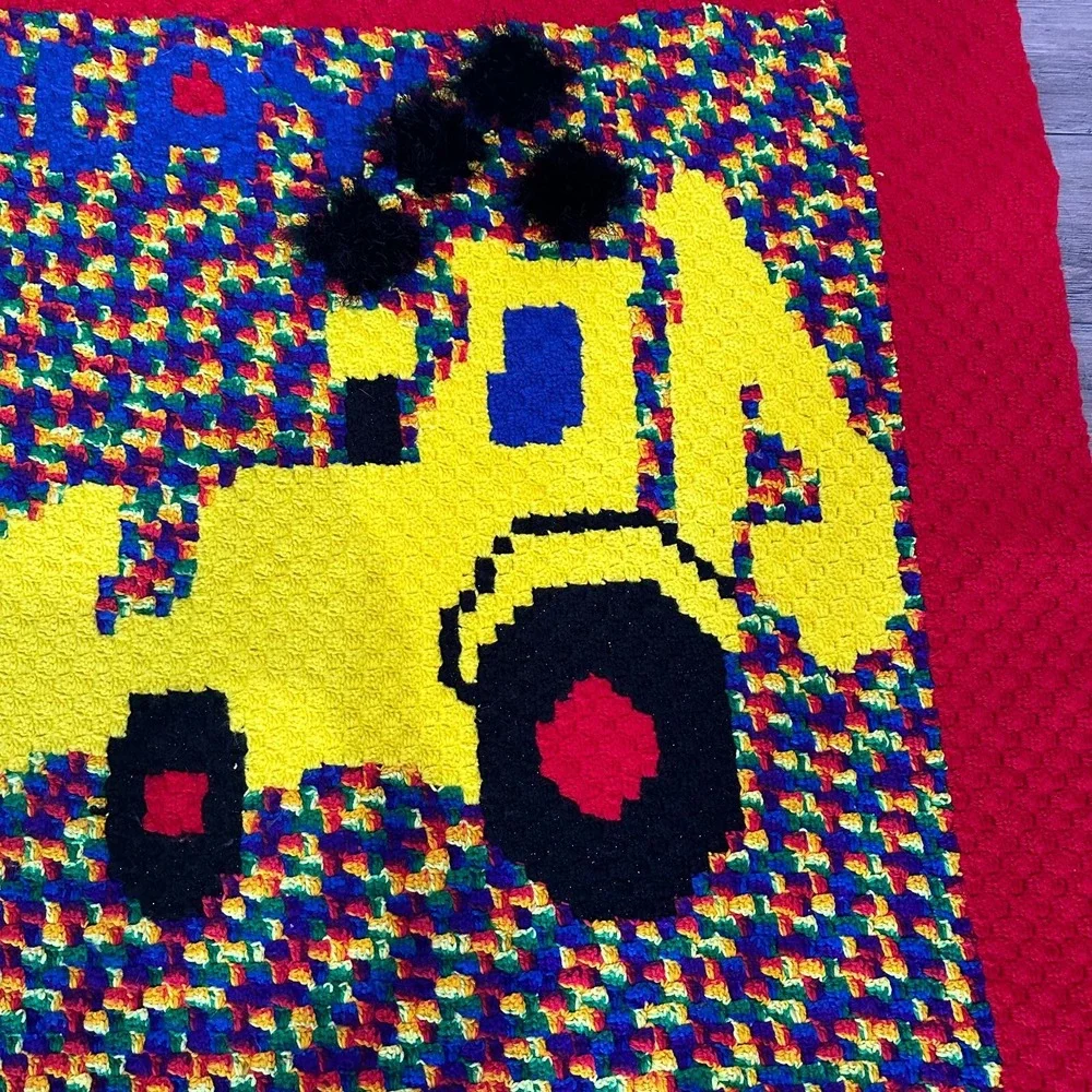 Handmade Crochet Digger Tractor Blanket Red Yellow Construction Throw 55x55